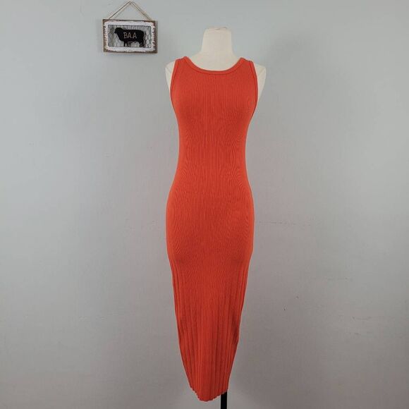 Enza Costa Compact Cotton‎ Scoop Back Midi Dress Sz XS Sunset Orange Ribbed - Picture 3 of 13